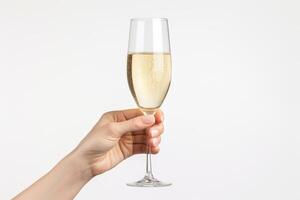 ai généré femelle main en portant une verre de Champagne isolé sur une blanc Contexte photo