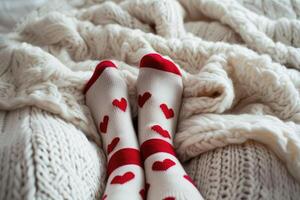 ai généré pieds dans tricoté de laine chaussettes avec cœurs sur eux, sur une chaud tricoté couverture donnant une sentiment de confort et chaleur photo