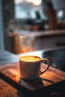 ai généré Stupéfiant cinématique vue de une d'or cappucino sur une en bois planche dans une cuisine photo