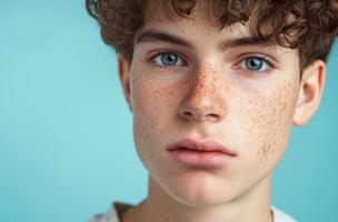 ai généré proche en haut adolescent garçon taches de rousseur photo