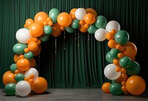 ai généré de fête cambre fabriqué de vert et Orange des balles. luxe photo zone. magnifique mariage Contexte. ai généré. st. patrick's jour, décoratif accessoires