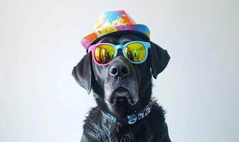 ai généré chien dans amusement de fête chapeau. animal de compagnie dans fête costume. anniversaire portrait de animal sur nettoyer blanc Contexte. ai généré photo