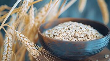 ai généré flocons d'avoine et céréales dans rustique bol. rétro assiette avec Naturel aliments. concept de en bonne santé nutrition photo