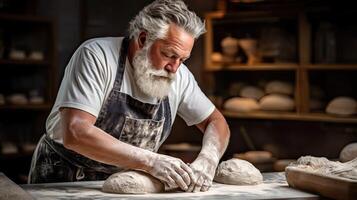 ai généré boulanger pétrit le pâte pour pain ou tarte. travail dans boulangerie. portrait de adulte homme avec barbe dans petit entreprise. ai généré photo