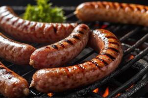 ai généré saucisse est grillé sur charbon flamme, chevronné avec noir poivre et soja sauce avec copie espace zone photo