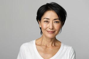 ai généré portrait de une souriant âge moyen asiatique femme à la recherche à caméra photo