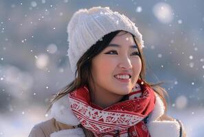 ai généré magnifique asiatique femme dans neige hiver saison avec content et sourire photo