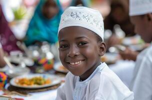 ai généré famille ayant le déjeuner ensemble pendant Ramadan photo