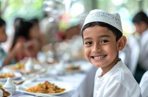 ai généré famille ayant le déjeuner ensemble pendant Ramadan photo