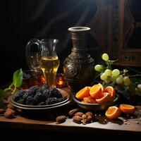 ai généré une table avec une bol de raisins, des oranges, et une lanceur de du vin photo
