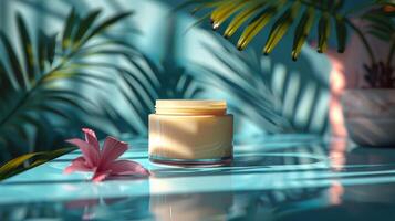 ai généré tropical soin de la peau crème pot sur une réfléchissant bleu surface, accompagné par une rose fleur et luxuriant paume ombres, évoquant une serein, exotique ambiance. photo