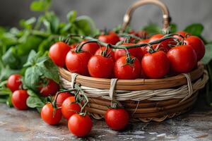 ai généré panier rempli avec Frais rouge tomates génératif ai photo