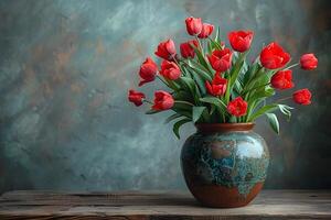 ai généré vase rempli avec rouge fleurs sur en bois table génératif ai photo