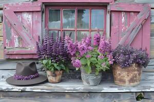 ai généré fenêtre avec rose volets et violet fleurs génératif ai photo