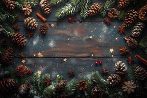 ai généré pin cônes, cannelle des bâtons, et Noël décorations sur une en bois table génératif ai photo