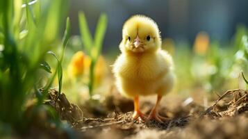 ai généré mignonne peu Jaune poulet sur le cultiver. sélectif se concentrer. photo