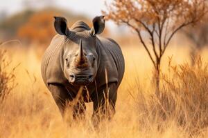 ai généré majestueux noir rhinocéros roaming le africain savane - faune et la nature la photographie photo