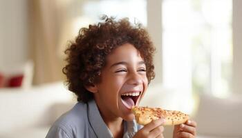 ai généré content Jeune garçon profiter savoureux Pizza dans défocalisé cuisine Contexte avec espace pour texte photo