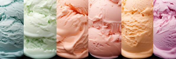 ai généré coloré assortiment de gelato les saveurs - plein Cadre Contexte bannière avec détaillé fermer photo