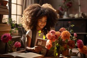 ai généré Jeune fille totalement absorbé dans une captivant livre, profiter une ensoleillé après midi lis photo