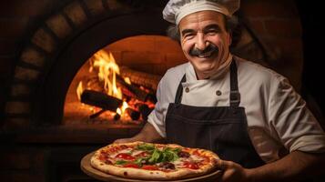 ai généré souriant mature homme fabrication délicieux Pizza dans italien restaurant brique four avec copie espace photo