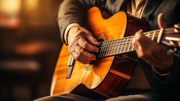 ai généré proche en haut de les musiciens mains en jouant guitare avec flou Contexte dans la musique industrie concept photo