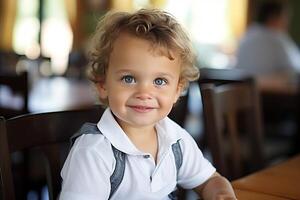 ai généré content souriant bébé séance à table avec Vide espace pour texte ou annonces photo