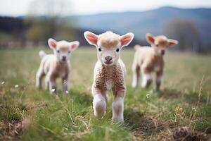 ai généré magnifique troupeau de peu des moutons en marchant et pâturage librement dans le luxuriant vert prés photo