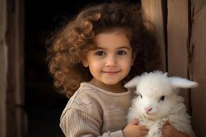 ai généré mignonne fille câlins peu mouton, Vide espace pour texte, réconfortant image pour vente photo