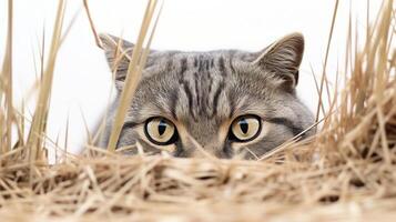 ai généré chat en jouant et chasse avec curiosité dans isolé blanc arrière-plan, mignonne félin animal de compagnie mode de vie photo