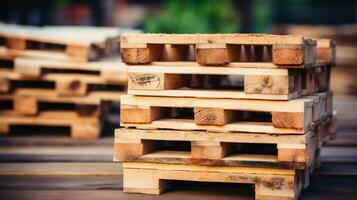 ai généré empiler de en bois palettes dans usine entrepôt pour cargaison et livraison avec copie espace photo