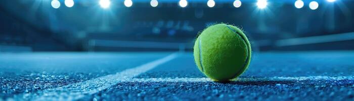 ai généré une tennis Balle mensonges sur une vibrant bleu tribunal en dessous de le éclairage de brillant stade lumières photo