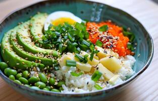 ai généré bol de riz Avocat Oeuf Edamame carottes et vert oignons photo