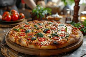 ai généré fraîchement cuit Pizza avec tomates fromage et basilic sur en bois table photo