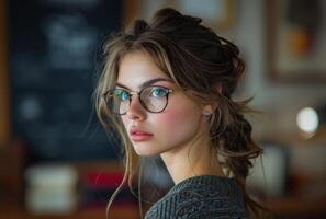 ai généré portrait de magnifique Jeune femme dans des lunettes photo