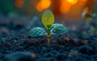 ai généré Jeune plante croissance dans le Matin lumière et bokeh Contexte photo