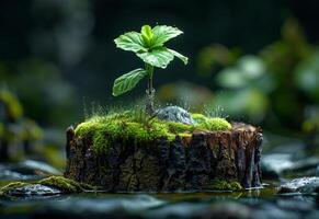 ai généré petit arbre est sur souche dans le milieu de rivière photo