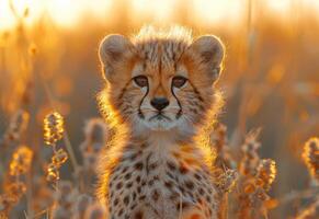 ai généré guépard lionceau permanent dans le herbe et à la recherche à le caméra photo