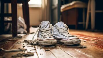 ai généré paire de sale blanc baskets. proche en haut photo de utilisé blanc sale chaussettes et converser baskets sur le sol