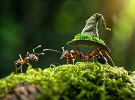 ai généré fourmis sont porter sorcière chapeau sur souche. photo