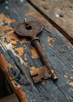 ai généré vieux rouillé clé sur en bois table photo
