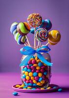 ai généré coloré des sucreries et sucettes dans verre pot sur violet Contexte photo
