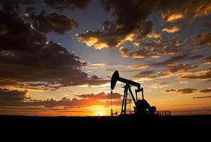 ai généré Pumpjack silhoutte avec spectaculaire le coucher du soleil. photo