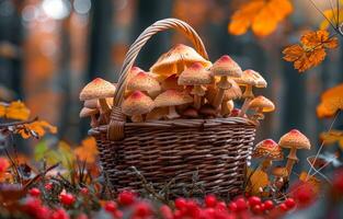ai généré champignons dans panier dans le l'automne forêt photo