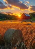 ai généré le coucher du soleil plus de ferme champ avec foins balles et Grange dans le Contexte photo