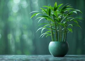 ai généré mis en pot bambou plante sur en bois table et vert bambou forêt dans le Contexte photo