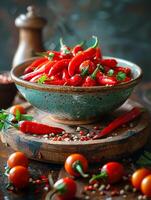 ai généré rouge chaud le Chili poivrons dans bol. une plat de rouge poivrons leur dans bandes sur une couper planche avec une couteau photo