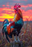 ai généré coq chant dans le Matin. une coq en marchant seul sur une bois souche à le coucher du soleil photo