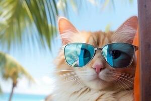 ai généré chat dans des lunettes de soleil sur plage. tropical vacances concept bannière avec copie espace pour texte photo