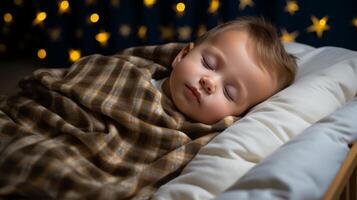 ai généré fermer de mignonne bambin bébé garçon en train de dormir pacifiquement sur confortable lit à maison, photo